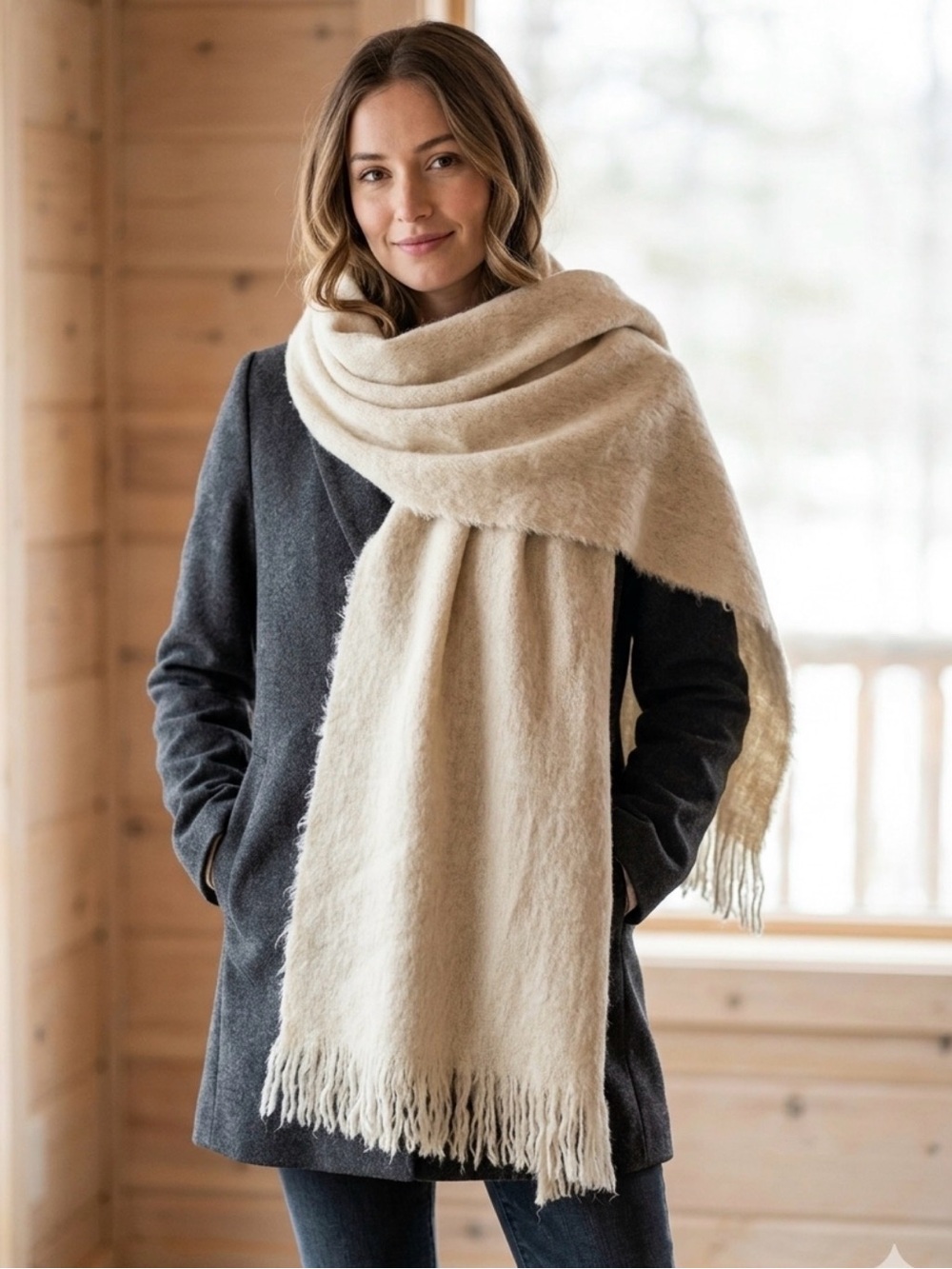 100% Alpaca Cozy Cream Oversized Fringe Scarf 24x70 “